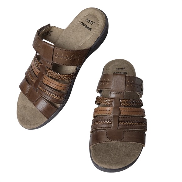 Earth Origins Shoes - Earth Origins Hayward Hollie Tri-Color Brown Leather Slide Sandals Women 8.5 Adj